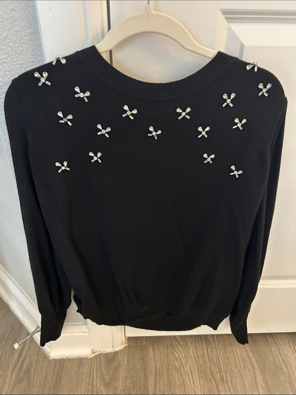 Women's Black Crewneck Sweater with Rhinestone Embellishments